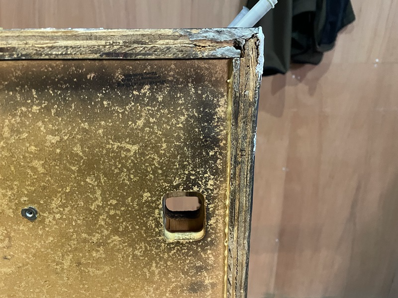 Addams Family pinball cab damage corner repaired